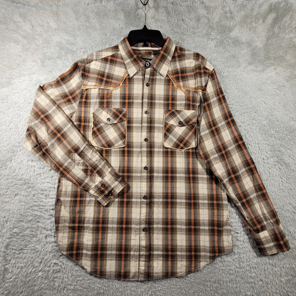Genealogy Mens Large Plaid Long Sleeve Button Up Shirt Cotton Western